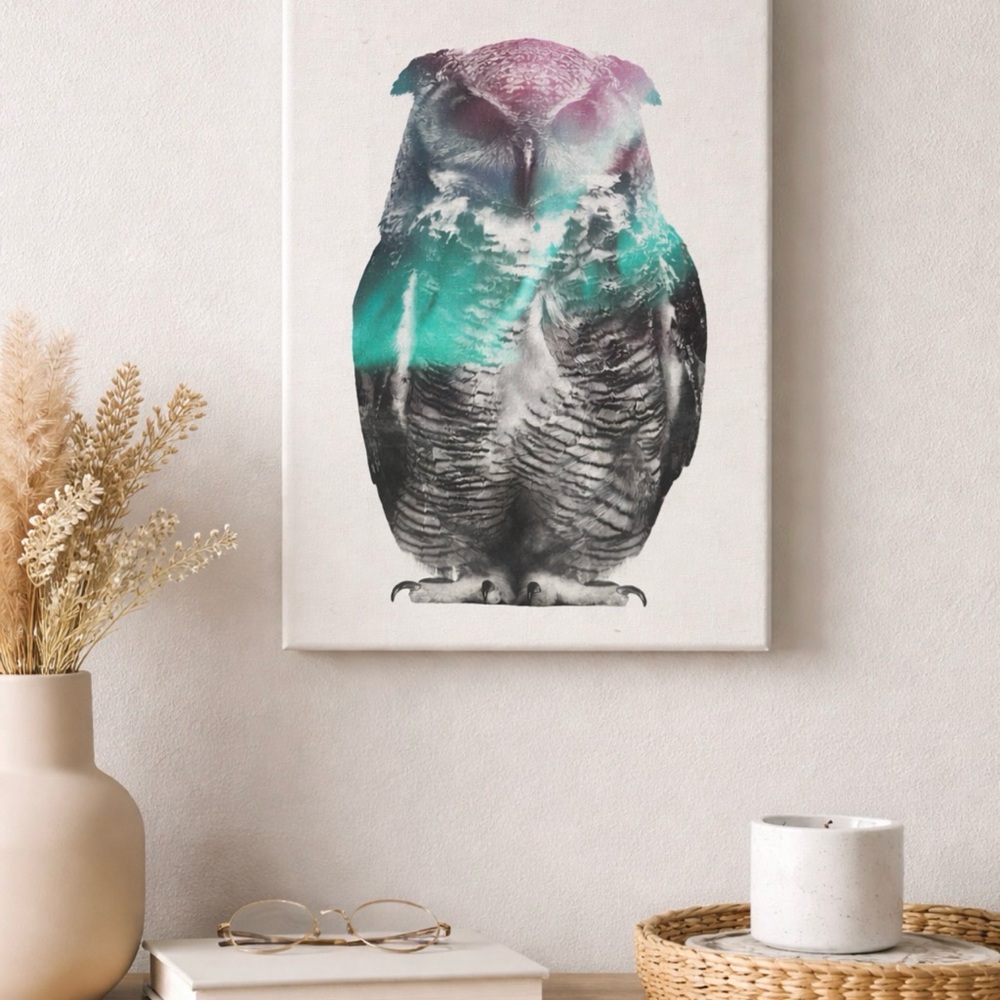 Owl Canvas Art with Teal and Pink Accents